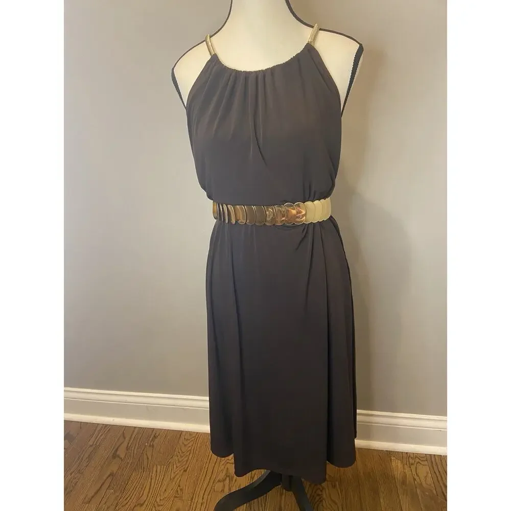 Michael Kors Women's Brown Maxi Dress Gold Strap Halter Flowy Sleeveless L